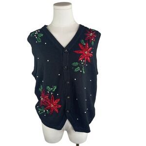 Vintage 90s OHI Sweater Vest, Holiday‎ wear, Poinsettia, beaded, floral, sz Med